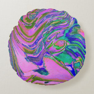 Cool Abstract Chartreuse and Hot Pink Groovy Retro Round Cushion