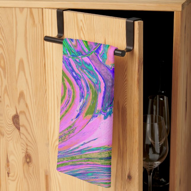 Cool Abstract Chartreuse and Hot Pink Groovy Retro Tea Towel (Thirds Fold)
