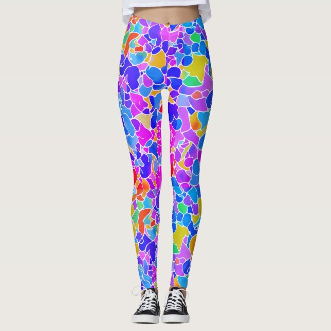 Cool Abstract Colourful Neon Pink Geometric Mosaic Leggings (Front)