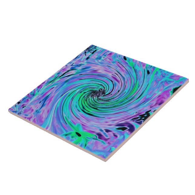 Cool Abstract Lime Green and Purple Floral Swirl Tile (Side)