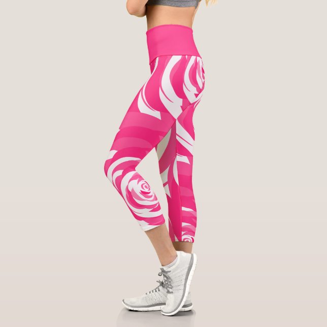 Cool Abstract Pink Rose White Floral Pattern Capri Leggings (Left)