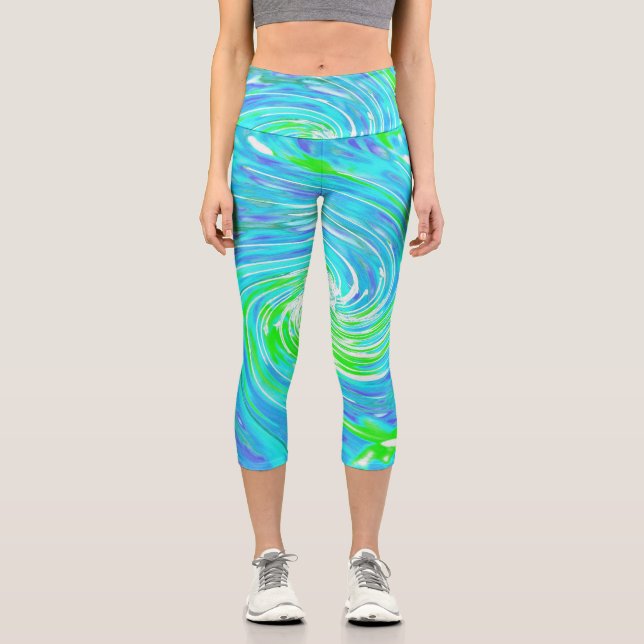 Cool Abstract Retro Aqua and Lime Green Swirl Capri Leggings (Front)