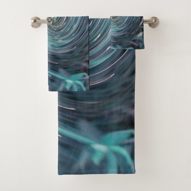 Cool Abstract Retro Black and Teal Cosmic Swirl Bath Towel Set (Insitu)