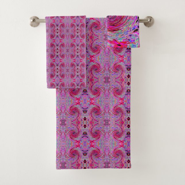 Cool Abstract Retro Hot Pink and Red Floral Swirl Bath Towel Set (Insitu)