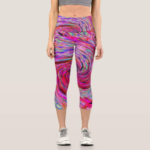 Cool Abstract Retro Hot Pink and Red Floral Swirl Capri Leggings
