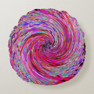 Cool Abstract Retro Hot Pink and Red Floral Swirl Round Cushion