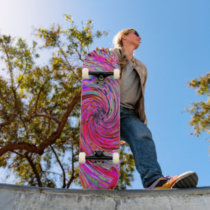 Cool Abstract Retro Hot Pink and Red Floral Swirl Skateboard