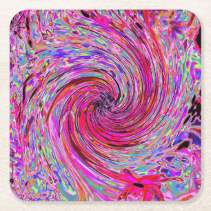 Cool Abstract Retro Hot Pink and Red Floral Swirl Square Paper Coaster