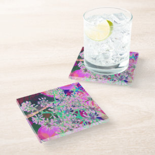 Cool Abstract Retro Nature in Pink and Lime Green Glass Coaster