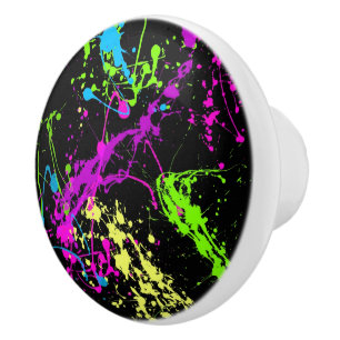 Cool Abstract Retro Rainbow Paint Splatter Black Ceramic Knob