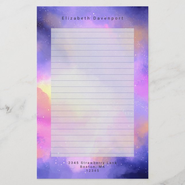 Cool Abstract Watercolor Cosmic Space Design Lined Stationery (Front)
