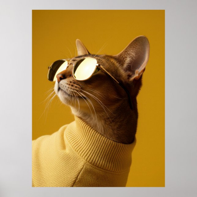 Cool Abyssinian Cat with Sunglasses and Turtleneck Poster (Front)