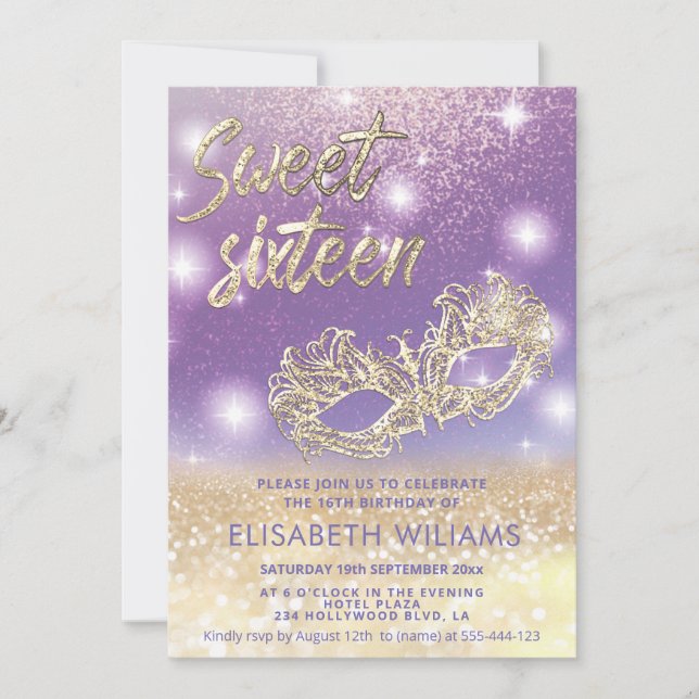 Cool Adorable Masquerade chic lilac gold glittery  Invitation (Front)