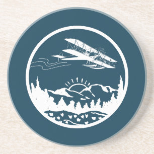 Cool Aeroplane Flying in Mountains, Blue & White Coaster