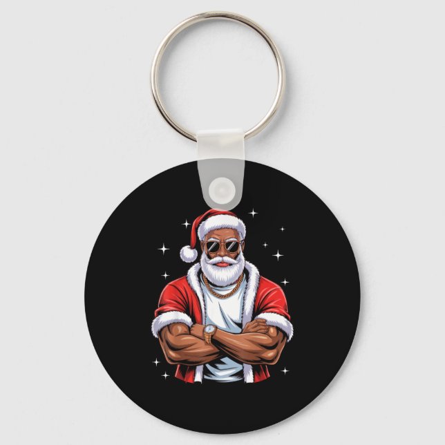 Cool African American Santa Black Christmas Pajama Key Ring (Front)
