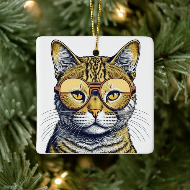 Cool ai Art Cat with Shades Christmas Ceramic Ornament (Tree)