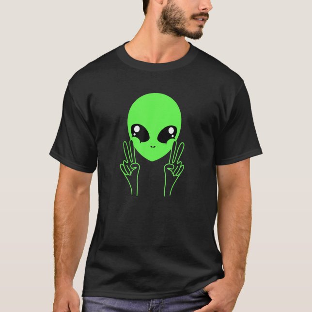 Cool Alien Buddy Peace Sign Funny Alien Ufos T-Shirt (Front)