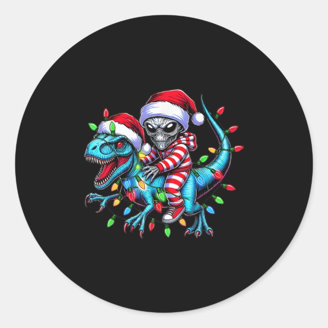 Cool Alien Riding T-rex Dinosaur Christmas Family  Classic Round Sticker (Front)