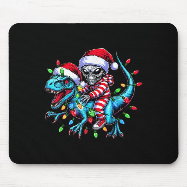 Cool Alien Riding T-rex Dinosaur Christmas Family  Mouse Mat (Front)