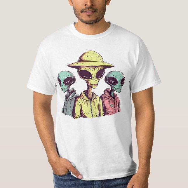 Cool Alien Trio Graphic T-Shirt – Retro UFO Street (Front)