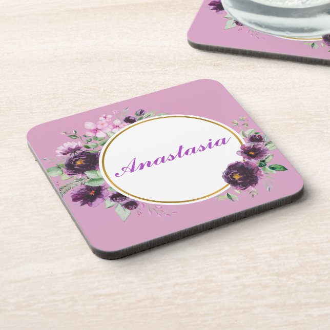 Cool, Amazing, Purple Flowers whit name Coaster (Left Side)