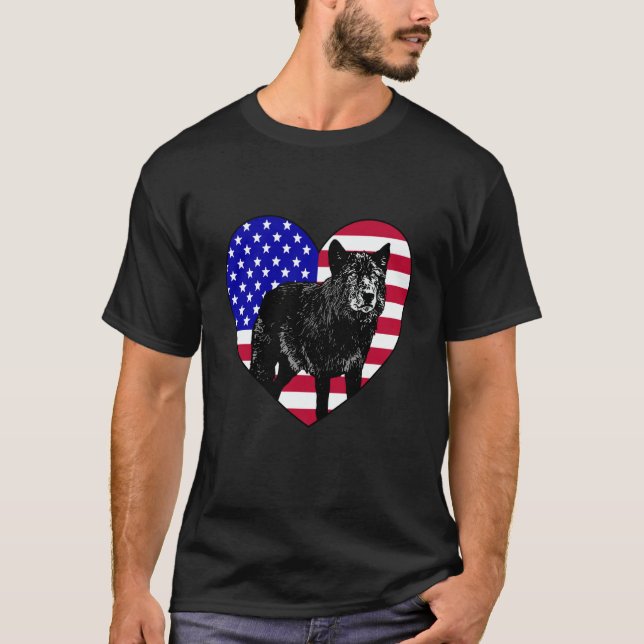 Cool American Timber Wolve Big Canine Heart Silhou T-Shirt (Front)