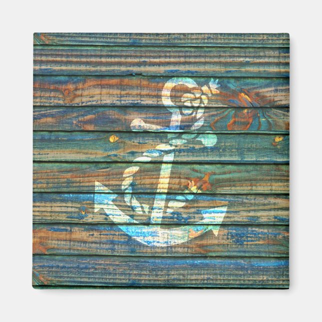 Cool Anchor Green Blue Rustic Wood Photo Print Magnet (Front)
