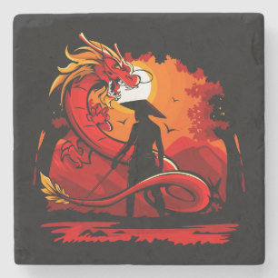 Cool and Colorful Samurai Warrior with Dragon Stone Coaster