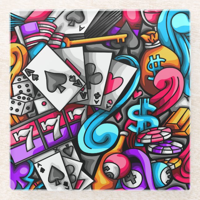 Cool and Colourful Las Vegas Casino Gambling Doodl Glass Coaster (Front)