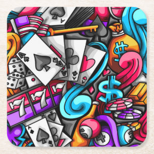 Cool and Colourful Las Vegas Casino Gambling Doodl Square Paper Coaster