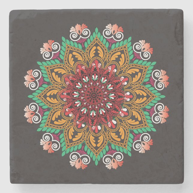 Cool and Colourful Mandala Floral Pattern Stone Coaster (Front)