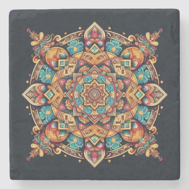 Cool and Colourful Mandala Pattern Stone Coaster (Front)
