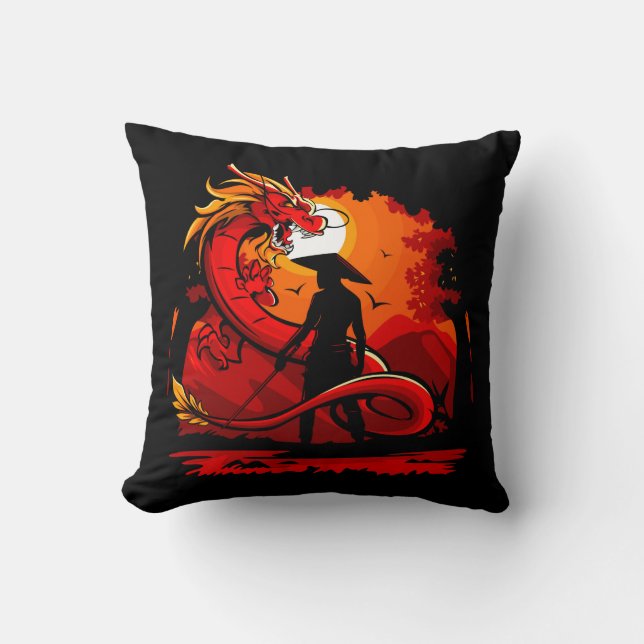 Cool and Colourful Samurai Warrior with Dragon Cushion (Front)