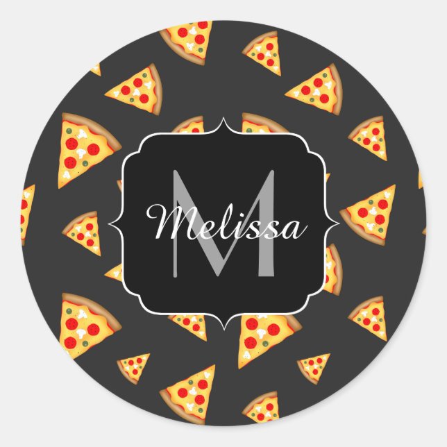 Cool and fun pizza slices pattern Monogram Classic Round Sticker (Front)