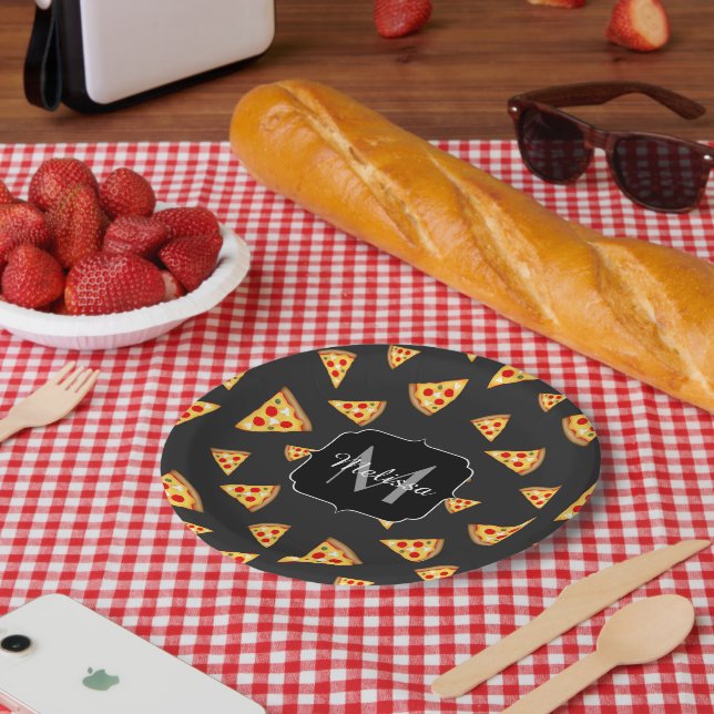Cool and fun pizza slices pattern Monogram Paper Plate (Picnic)