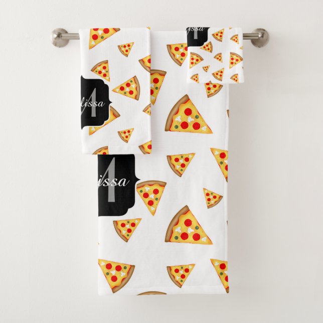 Cool and fun pizza slices pattern Monogram white Bath Towel Set (Insitu)