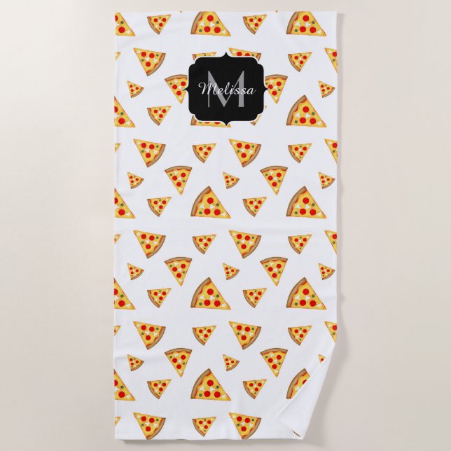 Cool and fun pizza slices pattern Monogram white Beach Towel (Front)