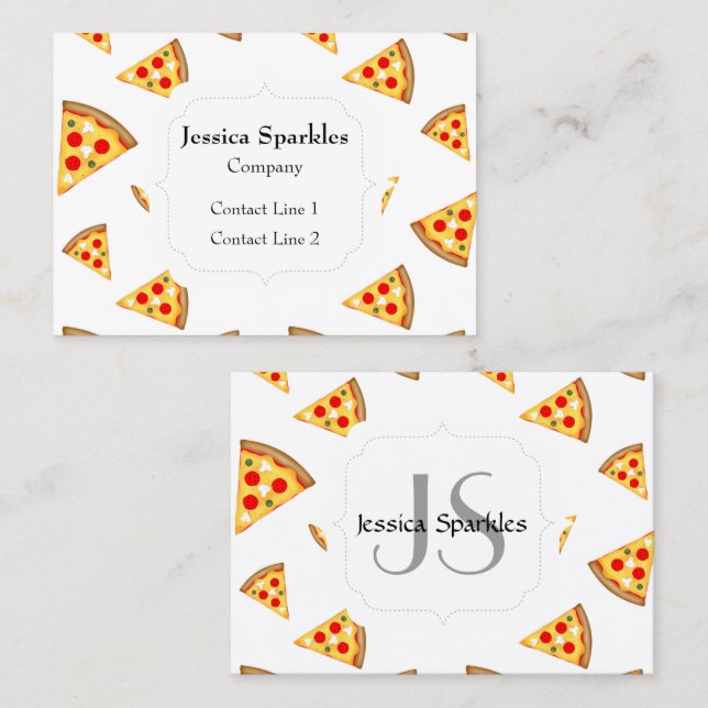 Cool and fun pizza slices pattern Monogram white Business Card (Front/Back)