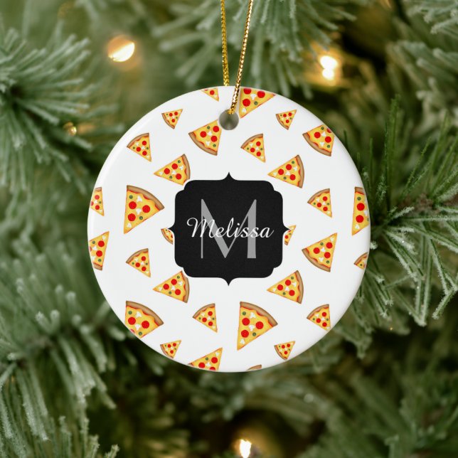 Cool and fun pizza slices pattern Monogram white Ceramic Tree Decoration (Tree)