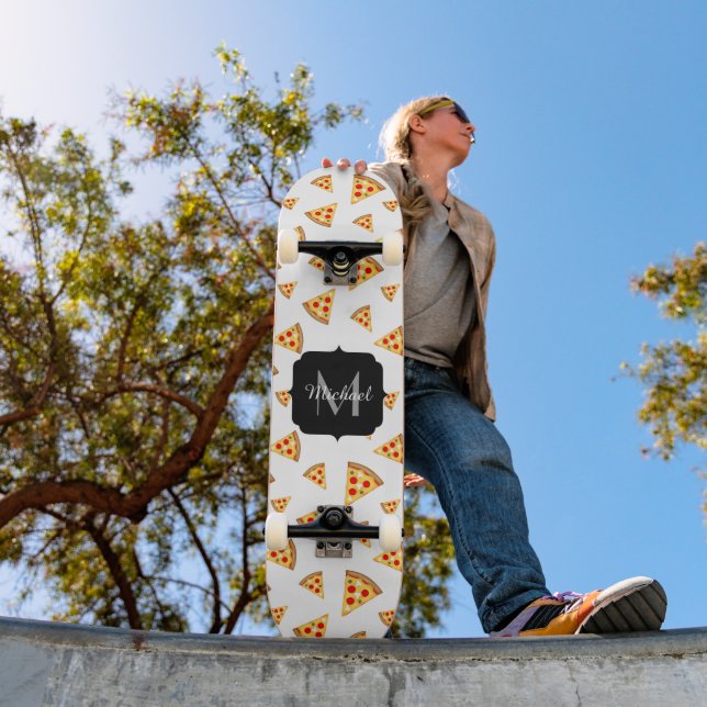 Cool and fun pizza slices pattern Monogram white Skateboard (Outdoor 1)