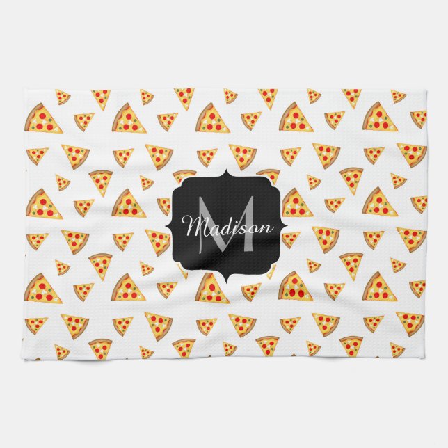 Cool and fun pizza slices pattern Monogram white Tea Towel (Horizontal)