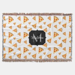 Cool and fun pizza slices pattern Monogram white Throw Blanket