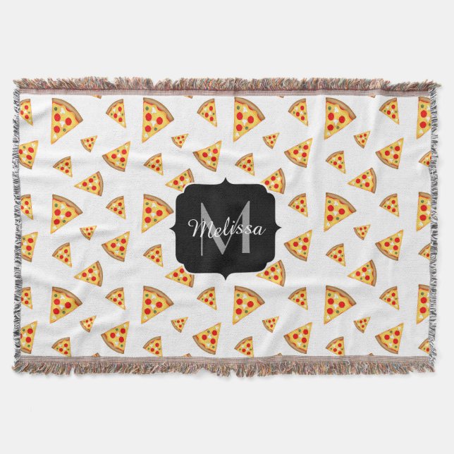 Cool and fun pizza slices pattern Monogram white Throw Blanket (Front)