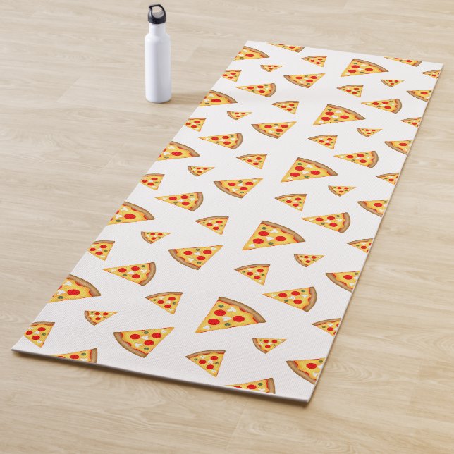 Cool and fun pizza slices pattern on white yoga mat (In Situ)