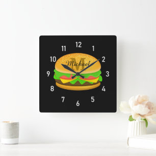 Cool and fun yummy burger Monogram and numbers Square Wall Clock