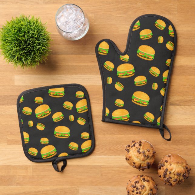 Cool and fun yummy burger pattern dark grey oven mitt & pot holder set (Top Down)
