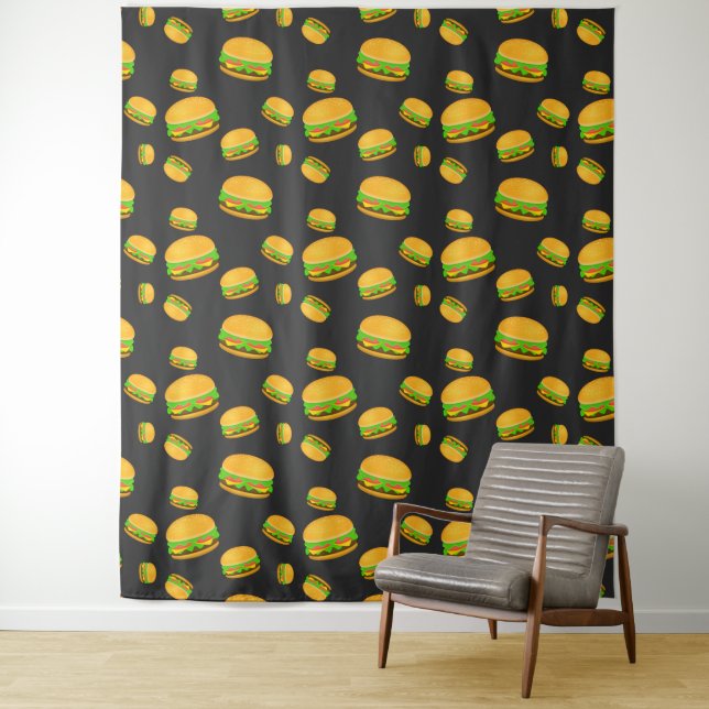 Cool and fun yummy burger pattern dark grey Wall Tapestry (In Situ)
