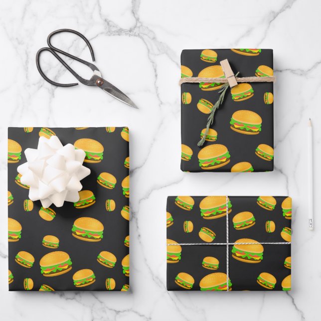 Cool and fun yummy burger pattern dark grey wrapping paper sheet (Front)