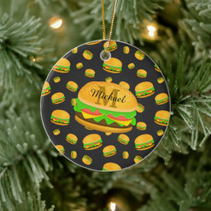 Cool and fun yummy burger pattern Monogram Ceramic Tree Decoration
