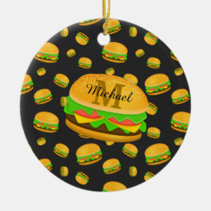 Cool and fun yummy burger pattern Monogram Ceramic Tree Decoration